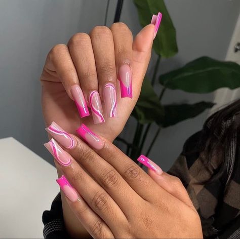 Square Swirl Acrylic Nails, Pink Swirls Acrylic Nails, Pink Swirl Nails Square, Pink Nail Swirls, Pink Swirl French Tip Nails, Nails With Pink Swirls, Pink Swirls Nails, Pink Swirl Nails, Hawaii Nails