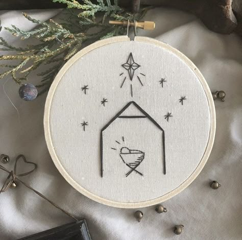 Humble Manger Embroidery Pattern - Etsy Hand Embroidered Christmas Ornaments, Christmas Embroidery Patterns Free, Christmas Embroidery Ideas, Simple Nativity, Christmas Hand Embroidery, Christian Embroidery, Embroidery Ornaments, Christmas Embroidery Patterns, Christmas Embroidery Designs