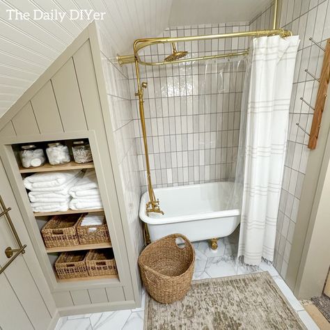 refinished 100 year old clawfoot bathtub Tiny Bathroom Clawfoot Tub, Small Clawfoot Tub Bathroom, Claw Bathtub Ideas, Small Upstairs Bathroom, Small Clawfoot Tub, Claw Foot Tub Shower Combo, Small Bathroom With Clawfoot Tub, Claw Foot Tub Bathroom, Refinished Clawfoot Tub