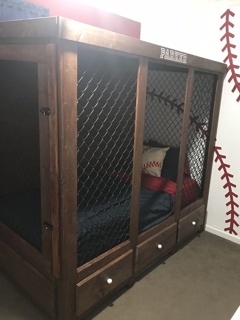 Baseball dugout bed. Baseball decor. Baseball bedroom. Dugout Bed, Baseball Decorations, Outdoor Deck Design, Baseball Dugout, Deck Design Ideas, Baseball Bedroom, Boys Shared Bedroom, Baseball Room, Baseball Decor