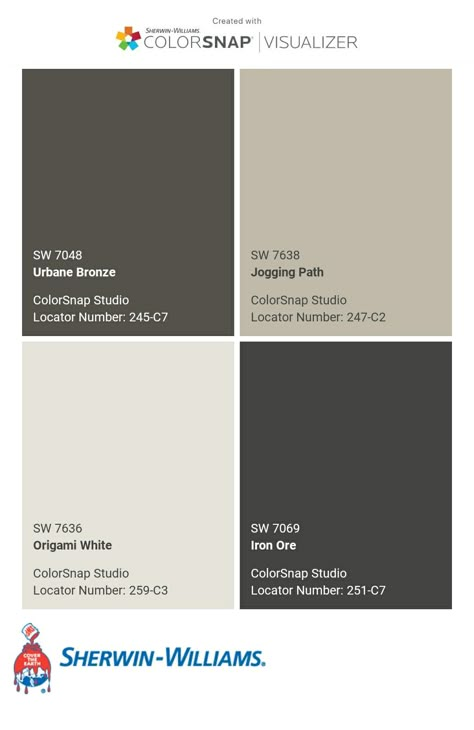 Gristmill Greige Sherwin Williams, Bm Flint Paint, Darker Trim Colors Interior, Dark Moody Farmhouse Exterior, Dark House Color Palette, Graphite Sherwin Williams, Exterior Black Trim House, Modern Home Color Schemes, Exterior Paint Schemes Modern