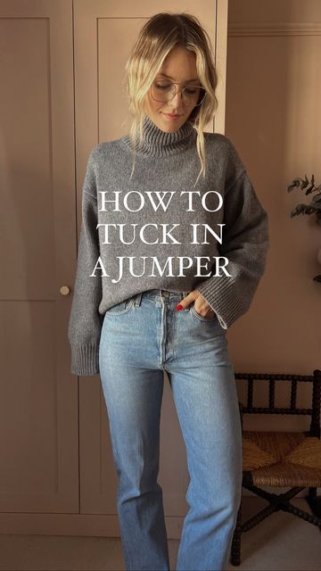 Jumper Tucked In Jeans, Jeans And A Jumper Outfit, Mom Jeans And Jumper Outfit, Grey Oversized Jumper Outfit, Oversized Jumper And Jeans, Black Jumper Blue Jeans Outfit, Black Jumper And Jeans Outfit, Grey And Blue Jeans Outfit, Black Roll Neck Jumper Outfit