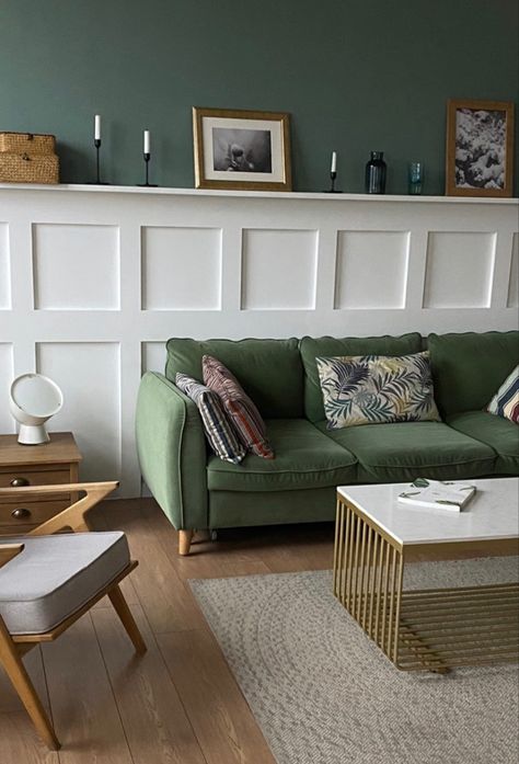 Dark Green Panelling Living Room, Dark Green Panelling, Panelling Living Room, Living Room Victorian House, Green Panelling, Living Room Victorian, Wall Panelling, Air Bnb, Victorian House