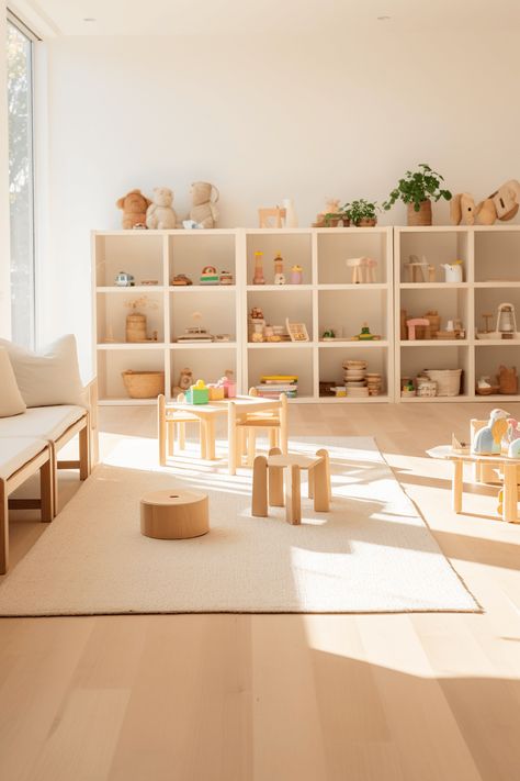 Open Concept Playroom Ideas, Simple Toy Room, Sophisticated Playroom Ideas, Kids Playroom Montessori, Montesorri Playroom, Playroom Nugget, Montessori Living Room, Chic Playroom, Kid Living Room