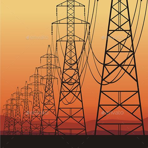 Electrical Power Lines by volyk Electrical power lines silhouetted against sky at sunset Sunrise Vector, Transmission Tower, Line Photography, Pole Art, Power Lines, Orange Sky, Principles Of Design, Orange Aesthetic, Electric Power