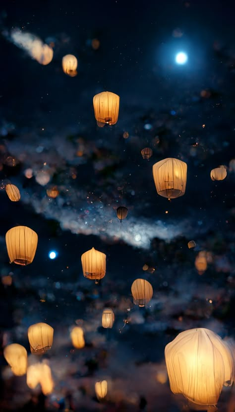 AI-generated Illustration starry sky #lantern #midjourney #wallpaper #illustration #background #scenery Sky Lanterns Wallpaper, Lanterns In The Sky, Lantern Wallpaper, Hope Painting, Sky Lantern, Background Scenery, Chinese Lantern Festival, Wallpaper Illustration, Sky Lanterns