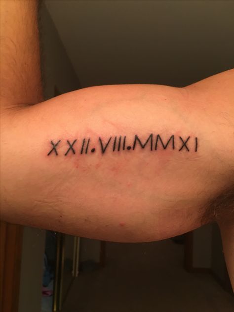 Daughter's birthday in Roman numerals (day/month/year). Perfectly straight when arm is relaxed. Take time and consideration on your placement. Roman Numeral Tattoo Thigh, Roman Numeral Birthday, Roman Numeral Tattoo, Numeral Tattoo, Tattoo Thigh, Daughter's Birthday, Roman Numeral, Daughter Birthday, Roman Numerals