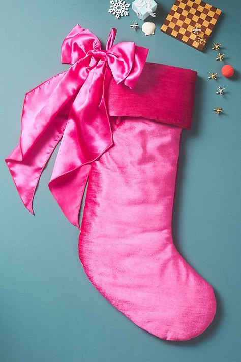 Velvet Bow Stocking Christmas Decor Preppy, Anthropologie Christmas Stocking, Pink Christmas Stocking, Preppy Christmas Decor, Eclectic Christmas Decor, Solo Christmas, Anthropologie Christmas Tree, Hot Pink Christmas, Pink Stocking