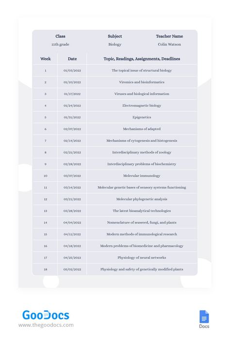 Syllabus+Planner Syllabus Planner, Free Google Templates, Syllabus Template, Plan Your Life, Date Topics, Sensory System, Docs Templates, Data Processing, Teacher Name