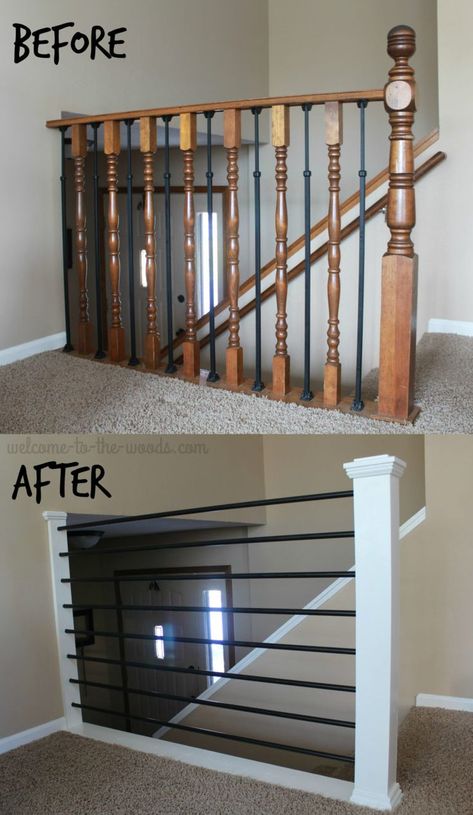 Stair Railing DIY Makeover. This baluster went from old, outdated oak to sleek metal bars with a modern white newel post. PIN NOW and click to watch the VIDEO tutorial. Stair Bannister, Stair Railing Makeover, Diy Stair Railing, Stairs Makeover Ideas, Stairs Renovation, Stair Makeover, Diy Staircase, Stairs Makeover, Staircase Remodel