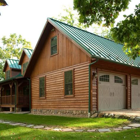 Green Tin Roof Home Design Ideas, Pictures, Remodel and Decor Green Tin Roof, Roof Home Design, Front Step Ideas, Tin Roof House, Metal Siding House, Cabin Colors, Green Roof House, Best Exterior House Paint, Log Cabin Exterior