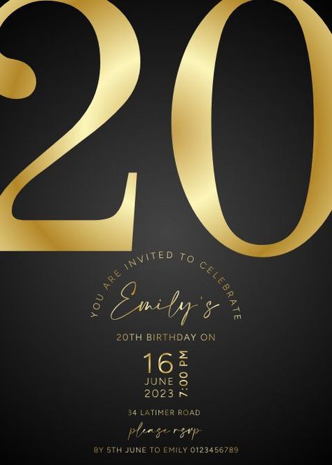 20th Birthday party invitation. This is a digital template which means you can easily edit the text yourself and get your invitations printed anywhere, even at home! Includes a free mobile invitation template too. 20th Birthday Invitations, 20th Birthday Party, Mobile Template, Black Invitation, Gold Invitations, 20th Birthday, Party Invite Template, Birthday Party Invitation, Instant Download Printable