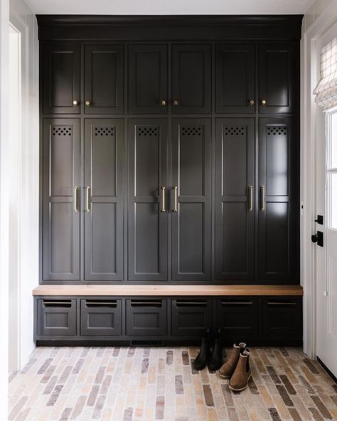 Rebekah Westover on Instagram: "Mood. Photo @rebekahwestoverphotography Design @remedydesignfirm Build @rcdentcustomhomes . . . #Mudroom #DreamHome #BrickFloors #BrickFlooring #Lockers #StorageIdeas #HomeOrganization #InteriorDesign #HomePhotography#Sherwin-Williams #urbanbronze" European Cottage Interiors, Entry Lockers, Mudroom Remodel, Mudroom Cabinets, Cottage Interior Design, Beautiful Exterior, Mud Room Entry, Mudroom Lockers, European Cottage