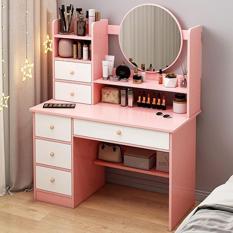 Yqyc Dressing Table Set With 3 Color Touch Screen Dimming Mirror, Makeup Vanity Table With Storage Shelf And 4 Drawers, Bedroom Dressing Table (Color : Pink) Makeup Storage Bedroom, Dressing Table Colour, Vanity Set Up, Mirror Makeup Vanity, Makeup Vanity Table, Furniture Dressing Table, Pink Vanity, Drawers Bedroom, Dressing Table Vanity