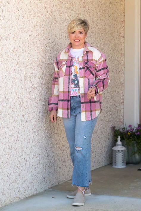 Graphic Tee And Shacket Outfit, Blue Plaid Shacket Outfit, Trendy Plaid Cotton Shacket, Pink Plaid Shacket Outfit, Pink Shacket Outfit, Spring Plaid Shacket, Pink Winter Casual Shacket, Casual Pink Shacket, Plaid Shacket Outfit Women