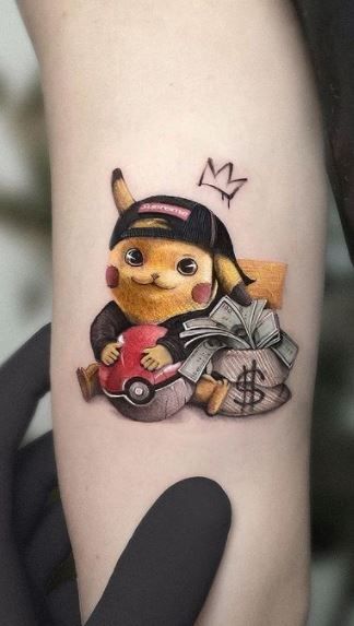 Pikachu Tattoo Design, Pocket Watch Tattoo Design, New School Tattoos, Money Bag Tattoo, Tatuaje Cover Up, Watch Tattoo Design, Tiger Tattoo Sleeve, Pikachu Tattoo, Chicano Tattoos Sleeve