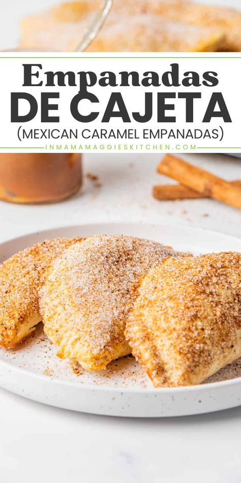 All you need for the perfect Christmas dessert to impress is Empanadas de Cajeta! This Mexican Caramel Empanada, filled with Cajeta, cinnamon, butter, and Mexican caramel sauce, is the best dessert recipe. Try it now and make your holiday special! Caramel Empanadas Recipe, Mexican Dessert Empanadas, Mexican Bolis, Mexican Christmas Desserts, Mexican Caramel, Mexican Pastry, Perfect Christmas Dessert, Mexican Pastries, Mexican Desserts