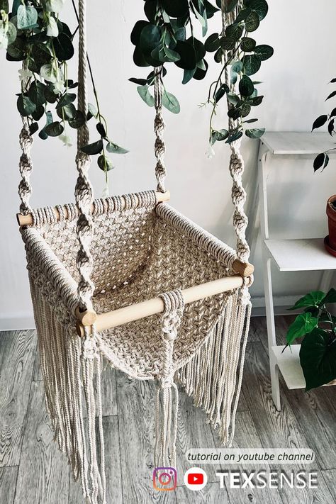 Hi, dears! 😍 look at what a cute swing for a baby you can make with your own hands! 🥰 Tutorial on my YouTube channel TEXSENSE 🎥 #babyswing #macrame #macrametutorial #macramehammok #diymacrame #hangingchair #macrameswing #swing #hangingswing #bohochair #beigedesign #naturalcolor #naturalinterior #childrenroom #babyroom #newborn #baby #kids Macrame Baby Room, Macrame Baby Swing, Hands Tutorial, Macrame Hanging Chair, Macrame Chairs, Macrame Baby, Macrame Swing, Baby Shower Deco, Macrame Bracelet Patterns