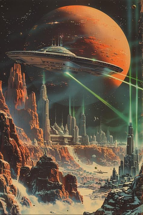 Retro Sci Fi Spaceship, 60s Sci Fi Art, Spaceship Aesthetic Retro, 80s Scifi Aesthetic, Sci Fi Background Landscapes, 90s Space Aesthetic, Raypunk Art, Science Fantasy Aesthetic, Space Art Aesthetic