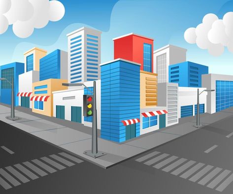 Building Illustration Perspective, Flat Building Illustration, Illustration Perspective, 2 Point Perspective, Building View, Street Building, 3d Isometric, City Vector, Building Illustration