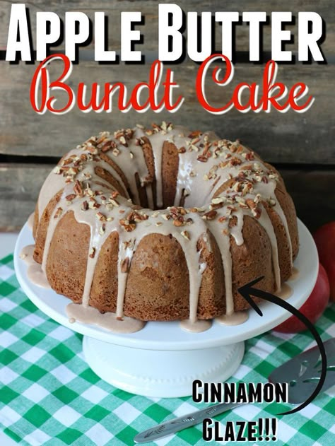 Apple Butter Bundt Cake is the perfect fall recipe. Filled with apple butter and chopped apples and covered in a sweet cinnamon glaze. It's the dessert all your guests will begging for another slice. #dessert #easyrecipe Butter Bundt Cake, Apple Butter Cake, Brown Sugar Icing, Apple Bundt Cake, Apple Butter Recipe, Sugar Icing, Apple Cake Recipes, Bundt Cakes Recipes, Cake Mix Recipes