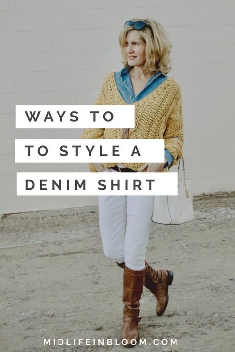 Denim or chambray shirts are timeless classics you can wear year round. From super casual to sophisticated chic—from the office to a night out, this wardrobe staple is incredibly versatile and can be styled multiple ways. See outfit ideas for styling your denim or chambray shirt. Style and outfit ideas for women over 40. Denim Shirt Outfit Women 2023, Denim Blouse Outfits, Chambray Shirt Outfit, Denim Shirt Outfit Women, Chambray Shirt Outfits, Chambray Shirts, Denim Shirt Outfit, Blue Shirt With Jeans, Shirt Outfits