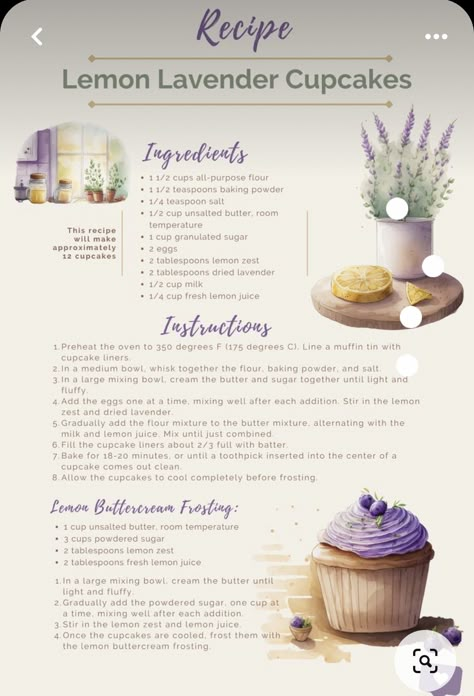 Lemon Lavender Cupcakes, Lavender Cupcakes, Cottagecore Recipes, Homemade Recipe Books, Kitchen Witch Recipes, Halloween Breakfast, Lavender Recipes, Idee Babyshower, Homemade Cookbook