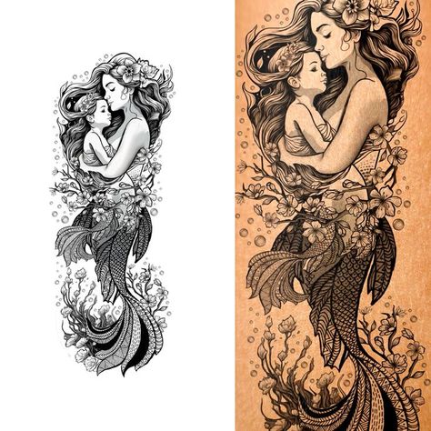 Mermaid And Daughter Tattoo, Mom And Daughter Mermaid Tattoo, Mermaid Mom And Daughter, Mother Daughter Mermaids, Tattoo For Mom, Siren Tattoo, Mum Tattoo, 2025 Christmas, Mermaid Tattoo