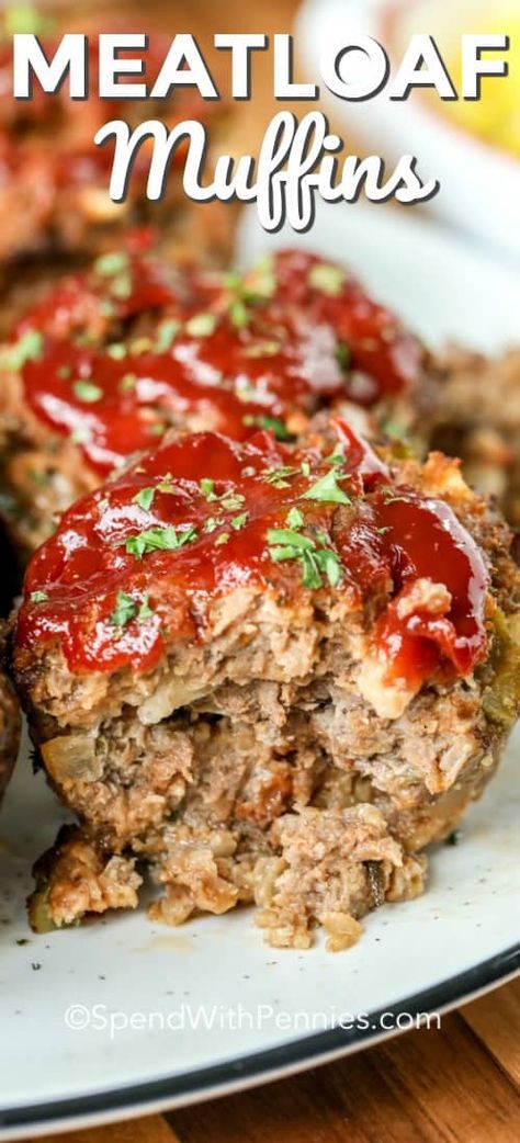 Mini meatloaf muffins are a quick and easy alternative to a classic meatloaf! Using muffin tins, ground beef, chicken or turkey and a brown sugar glaze you can create the best make-ahead meal! Perfect as a snack, lunch or quick dinner with mashed potatoes, this recipe is always a hit with the family. And baking in half the time of a normal meatloaf, it will be a hit with the chef as well! #spendwithpennies #meatloafmuffins #meatloafrecipe #minimeatloaf #dinner #snack #freezermeal Easy Meatloaf Muffins, Dinner With Mashed Potatoes, Muffin Tin Meatloaf, Meatloaf Muffins Recipe, Mini Meatloaf Muffins, Tasty Meatloaf Recipe, Mini Meatloaf Recipes, Mini Meatloaf, Delicious Meatloaf