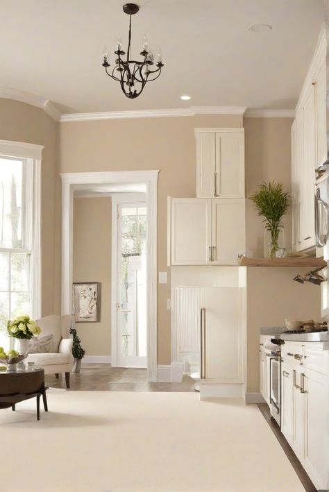 Kitchen wall paint, Kitchen interior design, wall paint color, white rug design Behr French Beige, Very Light Beige Paint, Behr Sentimental Beige, Sentimental Beige Behr Paint, Sw 7037 Balanced Beige, Beige Wall Paints, Balanced Beige, Light Oak Floors, Shoji White