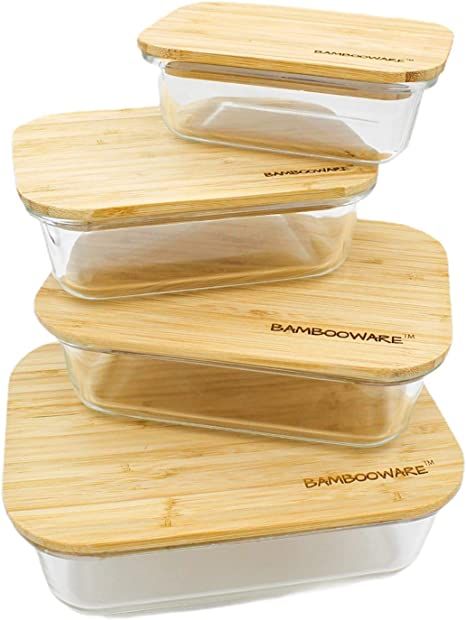 Amazon.com: Bambooware Glass Containers with Lids | Non Plastic Glassware Set - Natural Raw Organic Wooden Bamboo Lids | Set of 4 | Reusable, BPA Free | Perfect for Meal Prep, Lunch, Leftovers, Kitchen: Home & Kitchen Glass Containers With Lids, Food Huggers, Meal Prep Lunch, Prep Lunch, Must Have Kitchen Gadgets, Kitchen Containers, Cooking Supplies, Plastic Container Storage, Airtight Food Storage