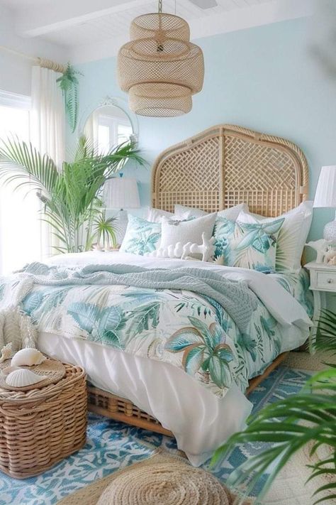 Hawaii Inspired Bedroom, Blue Accent Wall Bedroom, Bedroom Furniture Inspiration, Sunset Room, Nest Ideas, Tropical Furniture, Boho Beach House, Beachy Room, Tropical Bedrooms