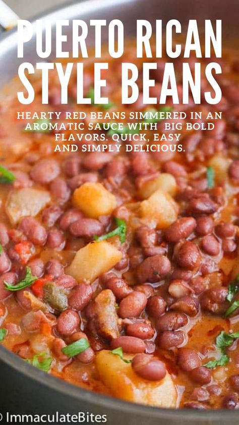 Puerto Rican Style Beans - most delicious beans to cook up. Easy yet tasty meat-free beans recipe - hearty stew of red beans, simmered in tomatoes, onions, garlic, bell pepper spices and chunks of potatoes and all the flavors fuse together beautifully. No complicated cooking method for this world cuisine, vegetarian, beans dish. 😊 Puerto Rican Rice And Beans With Chicken, Red Kidney Bean Recipes Spanish, Red Beans And Potatoes Recipe, Puerto Rican Beans Instant Pot, How To Make Puerto Rican Beans, Spanish Beans And Potatoes, Potato Beans Recipes, Puerto Rican Red Beans Recipes, Puerto Rican Stewed Beans