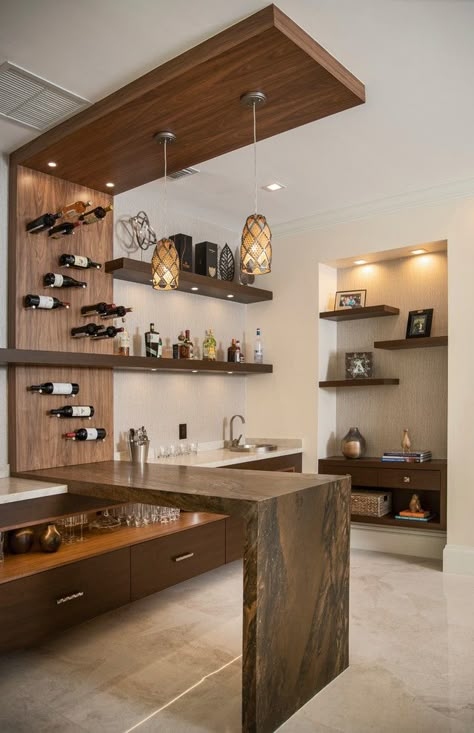 Lighthouse Point renovation - Home Bar - by Paris Furnishings, Inc. | Houzz Wine Counter Ideas, Mini Bar At Home Living Rooms, Home Bar Ideas Small Corner, Bar Counter Design Home, Portable Home Bar, Contemporary Home Bar Designs, Bar In Living Room, Lounge Decor Ideas, Mini Bar At Home