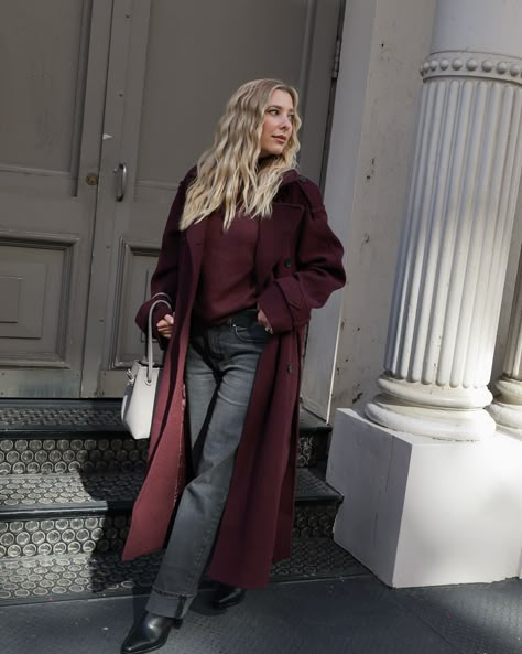 Sourced THE fall outfit 🍇🍷 Comment SHOP below to receive a DM with the link to shop this post on my LTK ⬇ https://liketk.it/4U4A3 . . . . Burgundy coat, burgundy outfit, fall fashion, autumn outfitt #ltkworkwear #ltkseasonal #ltkstyletip Maroon Leather Trench Coat Outfit, Long Burgundy Coat Outfit, Burgundy Trench Coat Outfit, Burgundy Coat Outfit Winter, Maroon Coat Outfit, Burgundy Coat Outfit, Burgundy Cardigan Outfit, Nice Wardrobe, Burgundy Trench Coat