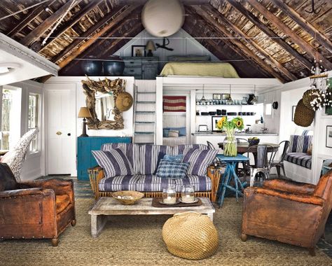 Ralph Lauren chic nautical beach cottage living: http://beachblissliving.com/beach-shack-living-on-a-pier-provincetown-cape-cod/ Cabin Great Room, Cabin Loft, Beach Theme Living Room, Seaside House, Loft Bedroom, Beach Cabin, Leather Chairs, Coastal Living Rooms, Dekorasi Kamar Tidur