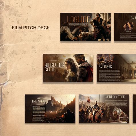 This image showcases a beautifully designed film pitch deck layout with character profiles and antagonist details, set in a historical or medieval theme. The dark, textured background complements the intricate visuals of key characters, such as King Alfonso VIII and Queen Leonor, alongside secondary characters and the creative team. The design reflects a cinematic tone, providing a clear, engaging presentation for pitching historical drama projects to investors or filmmakers. Movie Pitch Deck Template, Ancient Kingdom, Kingdom Come, Film Design, Historical Design, Presentation Design, Television Show, Service Design, Presentation