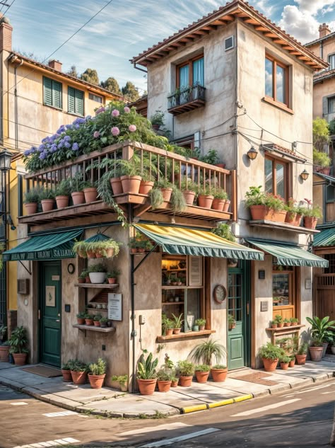 Vintage Restaurant Exterior, Italian Neighborhood Aesthetic, Italian Shop Fronts, Old French Buildings, Small Apartment Exterior Design, Store With Apartment Above, Shops Exterior, Artsy Apartment, Townhouse Exterior