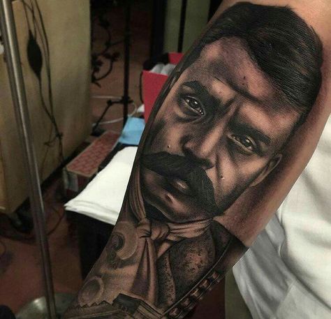 Zapata tattoo Emilio Zapata Tattoo, Zapata Tattoo, Revolutionary Tattoo, Jesus Tattoo Sleeve, Mayan Tattoos, Mexican Tattoo, Mexican Art Tattoos, Skull Sleeve Tattoos, Gangsta Tattoos