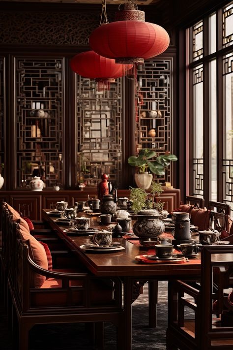 Dining Room Decor | Dinning Room Design Chinese Tea Room Design, Chinese House Interior, Traditional Chinese Interior, Barbie Hotel, Chinese Dining Room, Traditional House Interior, Asian Dining Room, Chinese Mansion, Chinese Tea Room