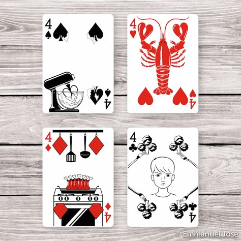 The Delicious deck by Emmanuel Jose. Delicious: https://www.kickstarter.com/projects/emmanueljose/delicious-playing-card-deck-uspcc-printed Painting On Playing Cards Ideas, Playing Cards Design Art Ideas, Painted Playing Cards Diy, Deck Of Card Painting Ideas, Painting A Deck Of Cards, Deck Of Cards Art, Painting Playing Cards Ideas, Playing Card Painting, Painted Playing Cards