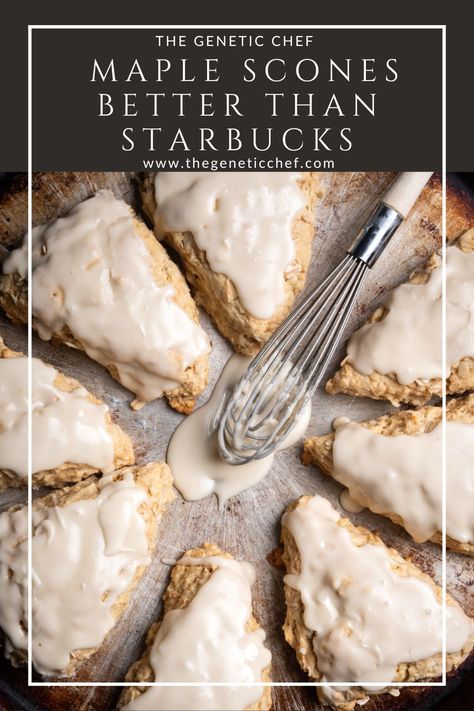 A coffee house favorite, these Maple Scones are slightly sweet, moist, tender and delicious then topped with a maple icing made with pure maple syrup. #maplescones #scones #maple #sconesrecipe #perfectscones #breakfast #baking | @thegeneticchef Starbucks Scones, Maple Scones, Maple Desserts, Oat Scones, Maple Icing, Breakfast Scones, Breakfast Baking, Maple Recipes, Maple Syrup Recipes