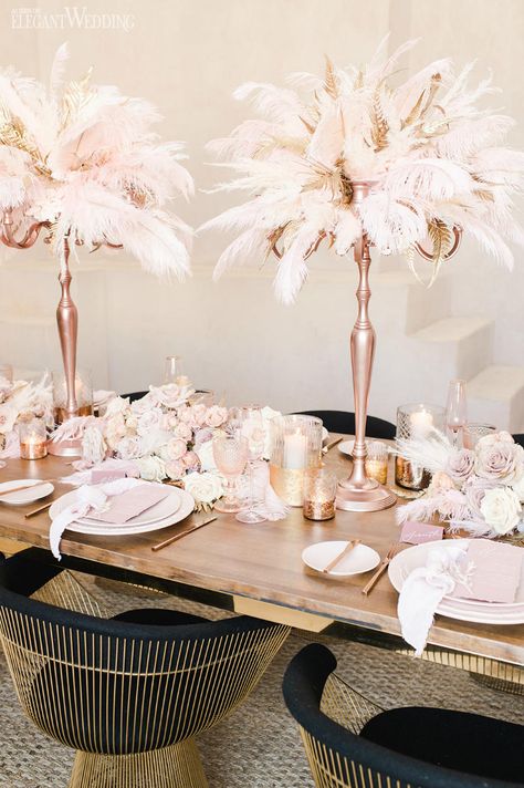 Bohemian Glam to Pink Pampas Grass | ElegantWedding.ca Pink Pampas Grass Centerpiece, Pampas Party Decor, Blush Centerpieces, Bachelor's Party, Wedding Feathers, Blush Centerpiece, Pink Tablescape, Grass Centerpiece, Popular Wedding Themes