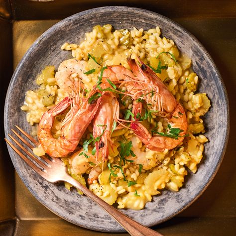 Champagne and Prawn Risotto Recipe | Recipes from Ocado Prawn Risotto, Grilled Prawns, Risotto Recipe, Arborio Rice, Fish Stock, Citrus Juice, Risotto Recipes, Online Supermarket, Shallots