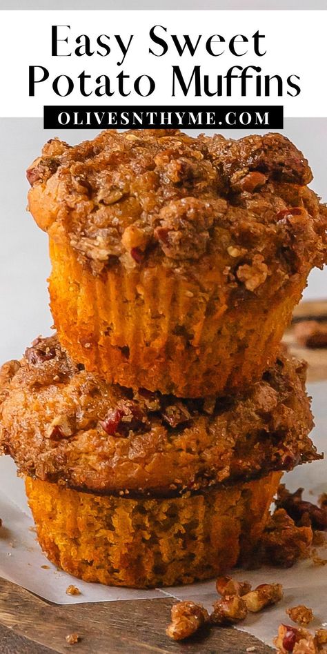 Sweet potato muffins are deliciously soft, moist and fluffy cinnamon spiced muffins with sweet potatoes. They’re topped with a quick and easy brown sugar cinnamon streusel. Grab one or two for a wonderfully delicious breakfast, snack or dessert. Healthy Sweet Potato Muffins, Brown Sugar Sweet Potatoes, Sweet Potato Muffin Recipe, Streusel Topping Recipe, Crumb Cake Muffins, Maple Icing, Healthy Sweet Potato, Gluten Free Sweet Potato, Potato Muffins