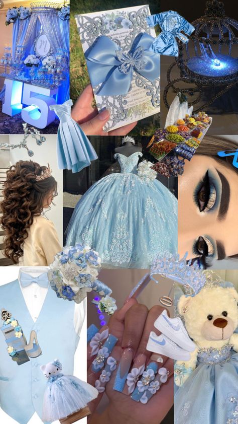 #lightbluequince Baile Sorpresa Outfits Quinceanera, Baby Blue Quinceanera Dresses, Sweet 16 Cinderella Theme, Blue Quinceanera Ideas, Butterfly Quinceanera Theme, Blue Quinceanera Theme, Quinceanera Venue, Quinceanera Blue, Light Blue Quinceanera Dresses