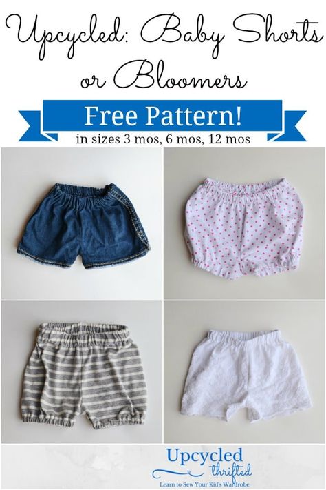 I've got a treat for you today! Now that it's hot most days, I'm ready for baby shorts and bloomers for my baby, and I'm sure she is too. Baby Shorts Pattern Free, Upcycle Baby, Baby Shorts Pattern, Fabric Upcycle, Bloomers Pattern, Baby Bloomers Pattern, Shorts Pattern Free, Baby Sewing Patterns Free, Couture Bb