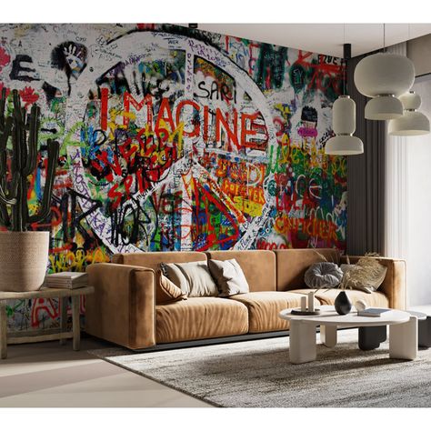 17 Stories Peel & Stick Street Art Wall Mural - Hippie Graffiti | Wayfair Hallway Walls, Deck Box Storage, Bathtub Accessories, Accent Wallpaper, Mudroom Furniture, Game Room Furniture, Wall Display, White Walls, Bar Furniture