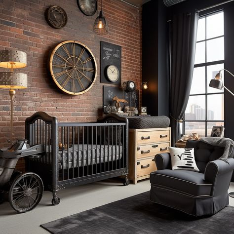 Brick Wall Nursery Boy, Biker Nursery Theme, Industrial Nursery Ideas, Steampunk Nursery, Industrial Nursery, Motorcycle Baby, Room Neutral, Industrial Style Interior, Punk Baby