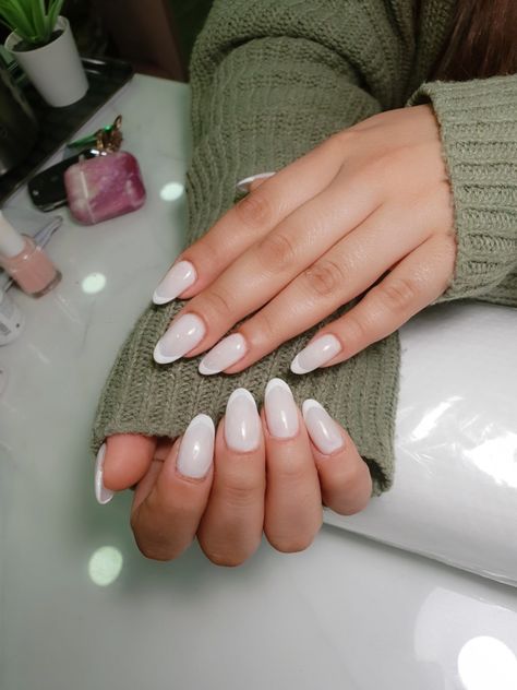 Marshmallow French on an acrylic nails Marshmallow White French Nails, Marshmallow White Nails Acrylic, Milky White Nails With French Tip Almond, Cloudy French Nails, Milky White Base French Tip Nails, White French Manicure Almond Nails, Marshmallow French Tip Nails, Milky White French Tip Nails Acrylic, White On White French Manicure Almond